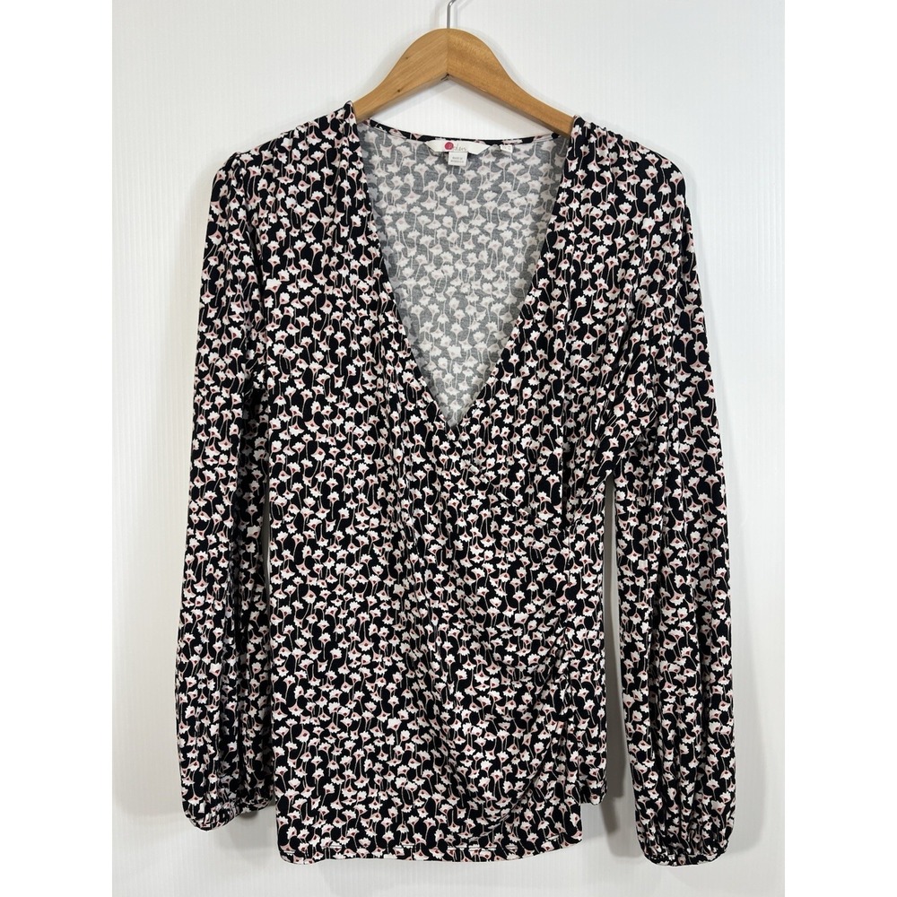 Boden Floral Long Sleeve Wrap Top Size 14 US 18 UK Black Pink Jersey Knit Blouse